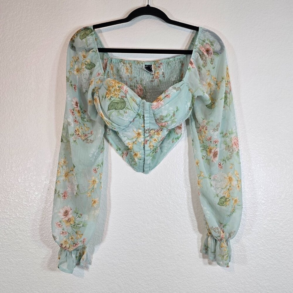 Windsor Floral Sheer Cropped Top Women Medium Blue Sweetheart Fairycore Girly